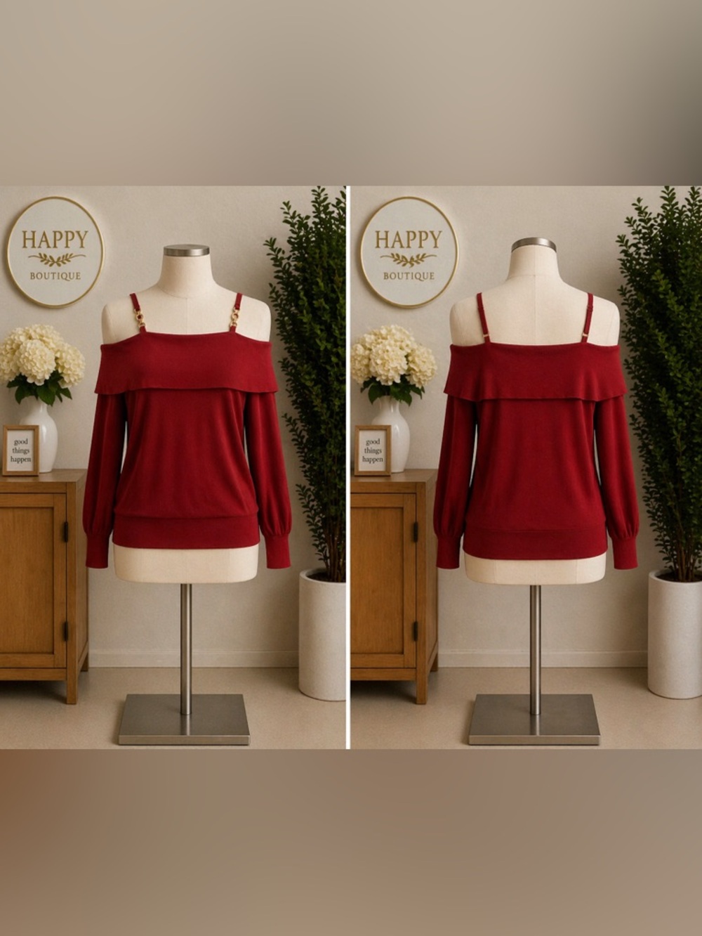 Women's Off-Shoulder Burgundy Sweater with Chain-Strap Detail